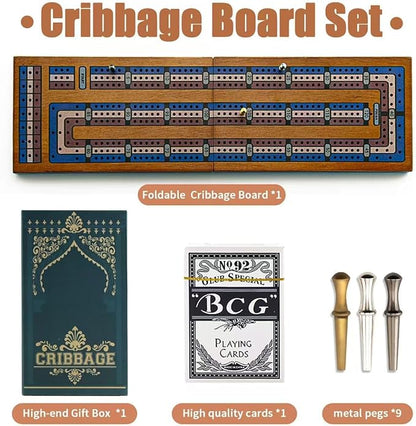 Wooden Cribbage Board Game Set Travel Cribbage Board with Storage and Collapsible with Magnetic Lock / 9 Metal Pegs/Full Deck of Cards Family Board Games for Adults