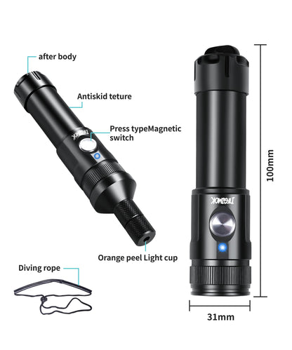 ITFGIMOK Super Bright Dive Light, IP68 Waterproof Flashlight with 3 Adjustable Beams (3° Spot/24° Flood/72° Wide), for Underwater Photography, Macro Video, Night Diving