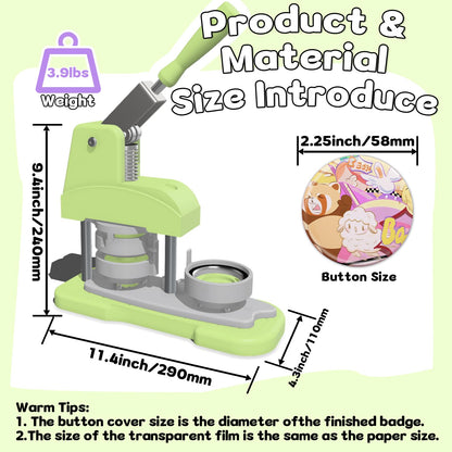 Green 58mm (2.25in) 5th Gen Button Maker Machine - Installation-Free DIY Pin Badge Press with Free Button Parts, Circle Cutter, Cutting Mat, Color Film & Pictures