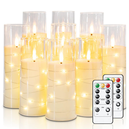 Raycare Flameless Candle with Remote Timer – 9 Flickering Acrylic Battery Operated LED Pillar Candles with Embedded Star String for Christmas, Wedding, Home Decor, and as a Gift (Ivory White)