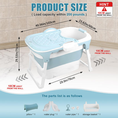 Portable Foldable Bathtub for Adult, 41" Small Foldable Tub with Ergonomic Seat & Massage Roller, Large Capacity Soaking Tub for Adults with Thermal Cover (Blue)
