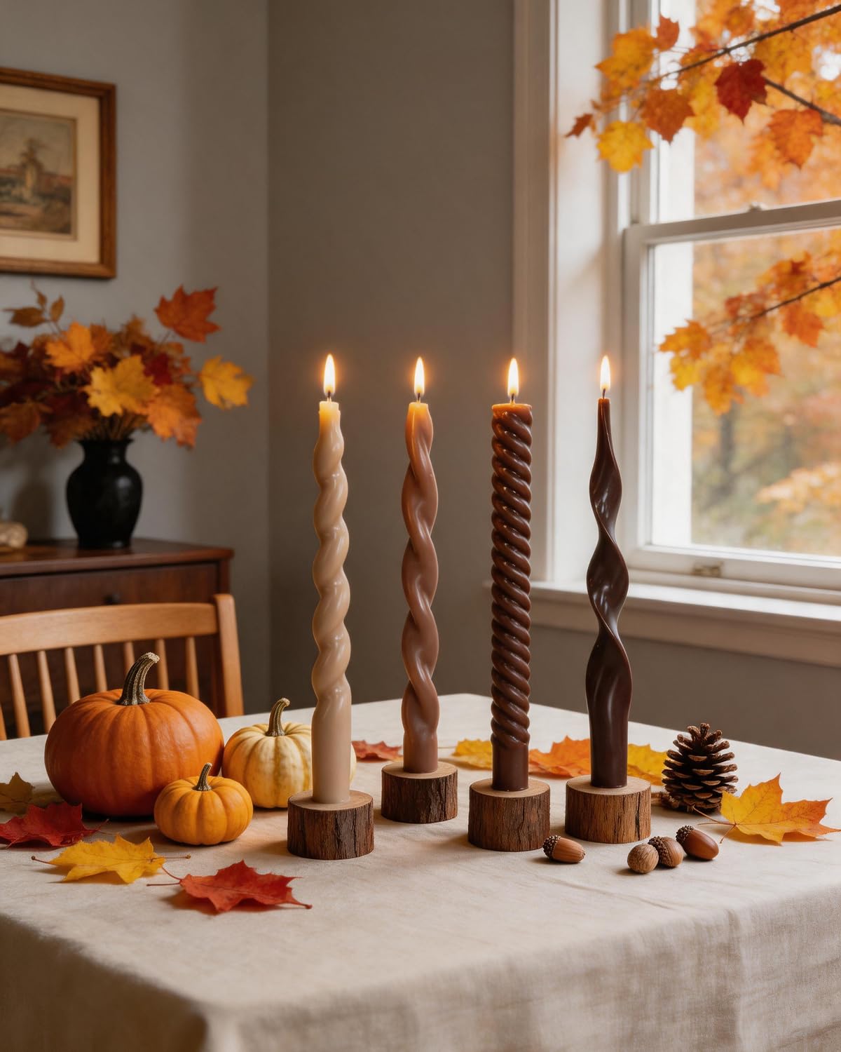 Spiral Taper Candles Brown Candlesticks Unscented Smokeless Tall Candles for Fall Decor Holiday Dinner Party Christmas Decorations-10inch,4pcs