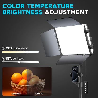 Scrhot 2 Pack LED Video Light Kit 79'' Tripod Light Stand, 30W 3000Lux Photography Light with Barndoor, CRI 98+ 2500K-8500K Studio Lights Panel Podcast Lighting for Video Recording/Game Live Streaming