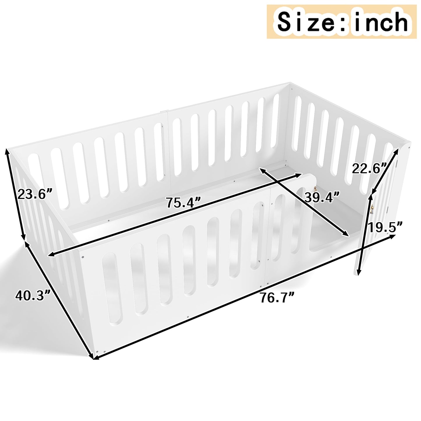GDFStudio Twin Size Montessori Floor Bed with Door, Solid Wood Kids Floor Bed Frame, Low Profile No Box Spring Needed, House Style Design, Sturdy Slat Support, Light White Finish