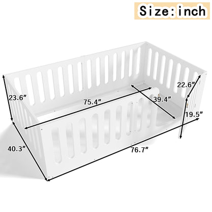 GDFStudio Twin Size Montessori Floor Bed with Door, Solid Wood Kids Floor Bed Frame, Low Profile No Box Spring Needed, House Style Design, Sturdy Slat Support, Light White Finish