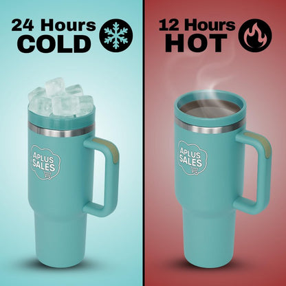 30 oz Tumbler with Handle & Straw Lid - Stainless Steel Tumbler - Tea, Beverages & Travel Coffee Mug - Leakproof & Double-Walled Insulated Cup Water Bottle with Straw - Cup Holder Size - Lake Green