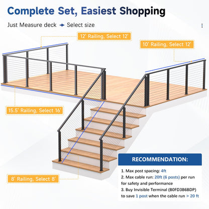 Zylorix 4ft-8ft Complete Set 42" Deck Cable Railing System with Handrail Cuttable, Modular T304 Stainless Steel Black Level Drilled Cable Railing Posts Kit with 1/8" Cable Railing Hardware