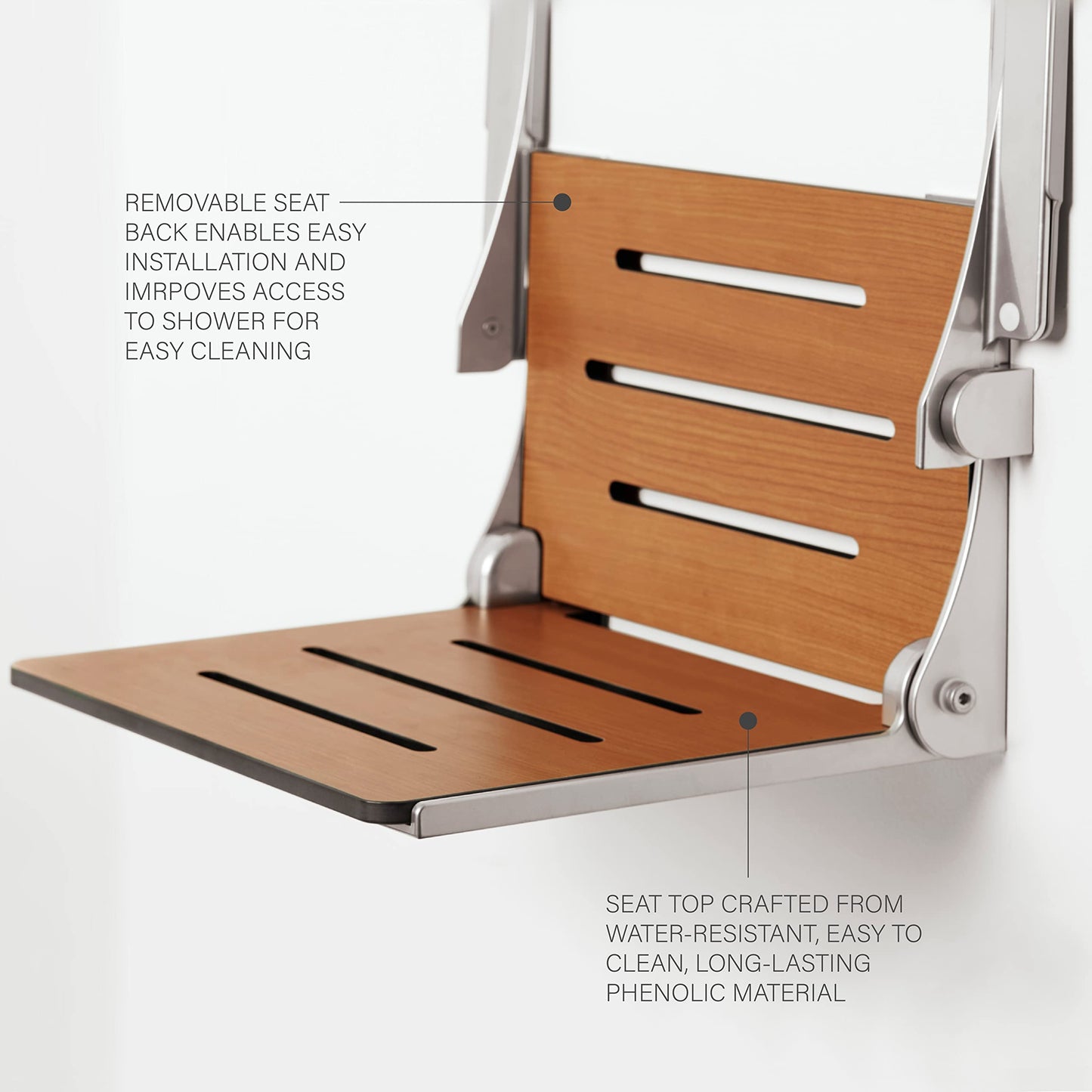 Seachrome Silhouette Comfort Folding Wall Mount Shower Bench Seat with Arms, Teak Seat with Silver Frame