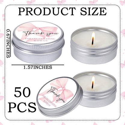 MTLEE 50 Pcs Bow Baby Shower Favors Scented Candles Gift Travel Tin Candle Aromatherapy Candle Favors for Baby Shower Wedding Gifts Compound Scent Essential Oil 1.57 x 0.67''