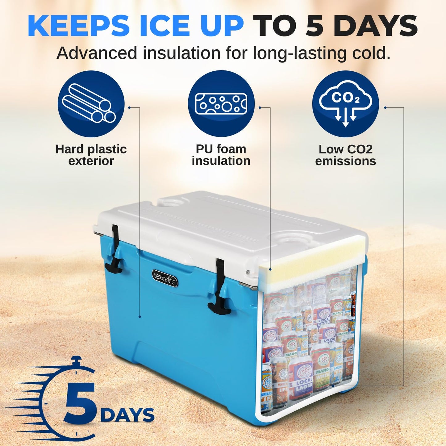 SereneLife Ultra-Tough 50 Quart Rotomolded Cooler Box, Holds Upto 64 Cans, Keeps Ice Up to 5 Days, Heavy-Duty Insulated Portable Ice Chest Box, Ideal for Camping, Beach, and Outdoor Adventures