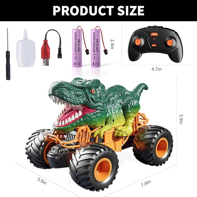 Bennol Remote Control Dinosaur Car Toys for Kids Boys 3-5 4-7 2.4GHz RC Dino Car Toys with Light Sound &amp Spray Indoor Outdoor All Terrain Electric RC Truck Gifts for 3 4 5 8 10 12 Boys Kids