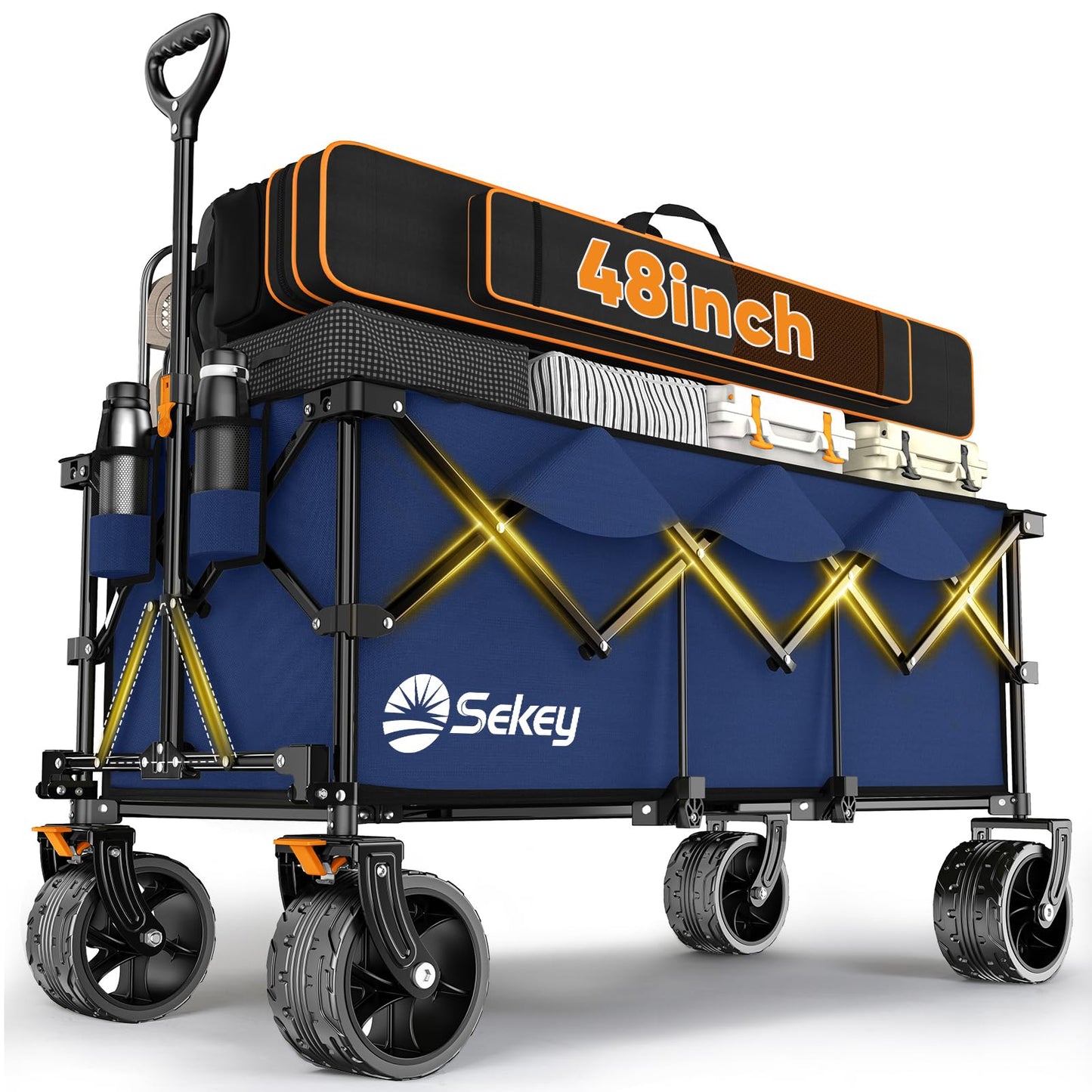 Sekey Extended Collapsible Foldable Wagon with 660lbs Weight Capacity, Heavy Duty Folding Utility Garden Cart with Big All-Terrain Beach Wheels & Drink Holders. Navy Blue