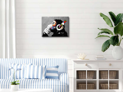 Wieco Art Black Framed Monkey With Headphones Banksy Graffiti Art Abstract Canvas Paintings Prints Animal Canvas Wall Art for Wall Decor and Home decorations Office Decor