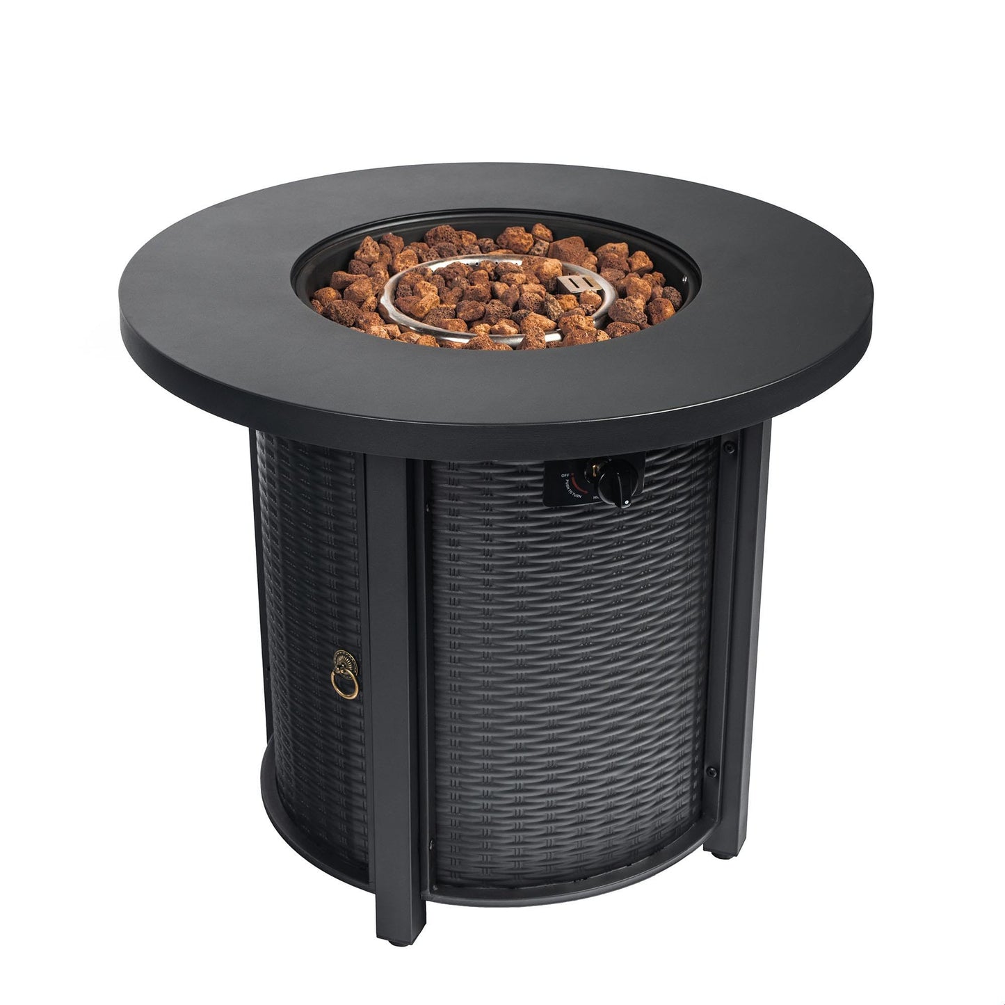 GDFStudio 30" Round Propane Fire Pit Table, 50000 BTU Outdoor Gas Heater with Steel Top & Wicker Base, for Patio, Deck, Garden, Black