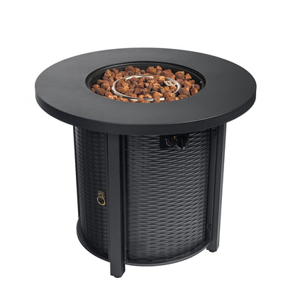 GDFStudio 30" Round Propane Fire Pit Table, 50000 BTU Outdoor Gas Heater with Steel Top & Wicker Base, for Patio, Deck, Garden, Black