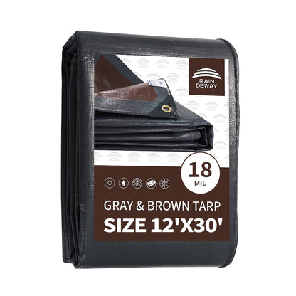 RAINDEWAY 12x30 Feet Super Heavy Duty Tarp 18 Mil, UV Resistant, Weatherproof, Multipurpose Waterproof Poly Tarp with Grommets and Reinforced Edges, Brown/Gray Tarps