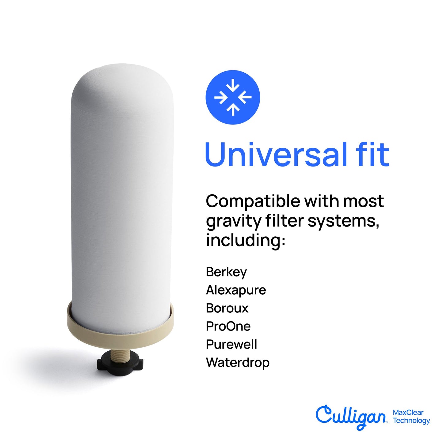 Culligan MaxClear 2.25 Gallon Gravity Water Filter System, Brushed Stainless-Steel Countertop Water Filter NSF/ANSI Certified to Reduce Microplastics, Lead & Total PFAS, with 2 Ceramic Filters