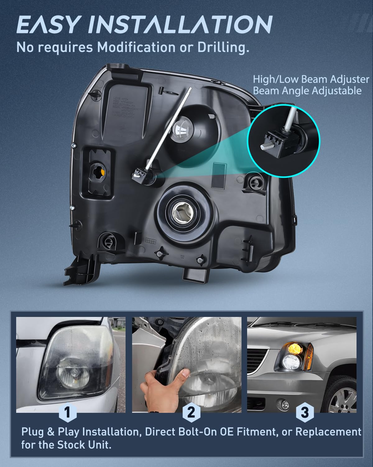 Nilight Headlight Assembly Compatible with 2007 2008 2009 2010 2011 2012 2013 2014 GMC Yukon Halogen Type Factory OE Style Replacement Black Housing Amber Reflector Passenger and Driver Side