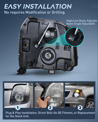 Nilight Headlight Assembly Compatible with 2007 2008 2009 2010 2011 2012 2013 2014 GMC Yukon Halogen Type Factory OE Style Replacement Black Housing Amber Reflector Passenger and Driver Side