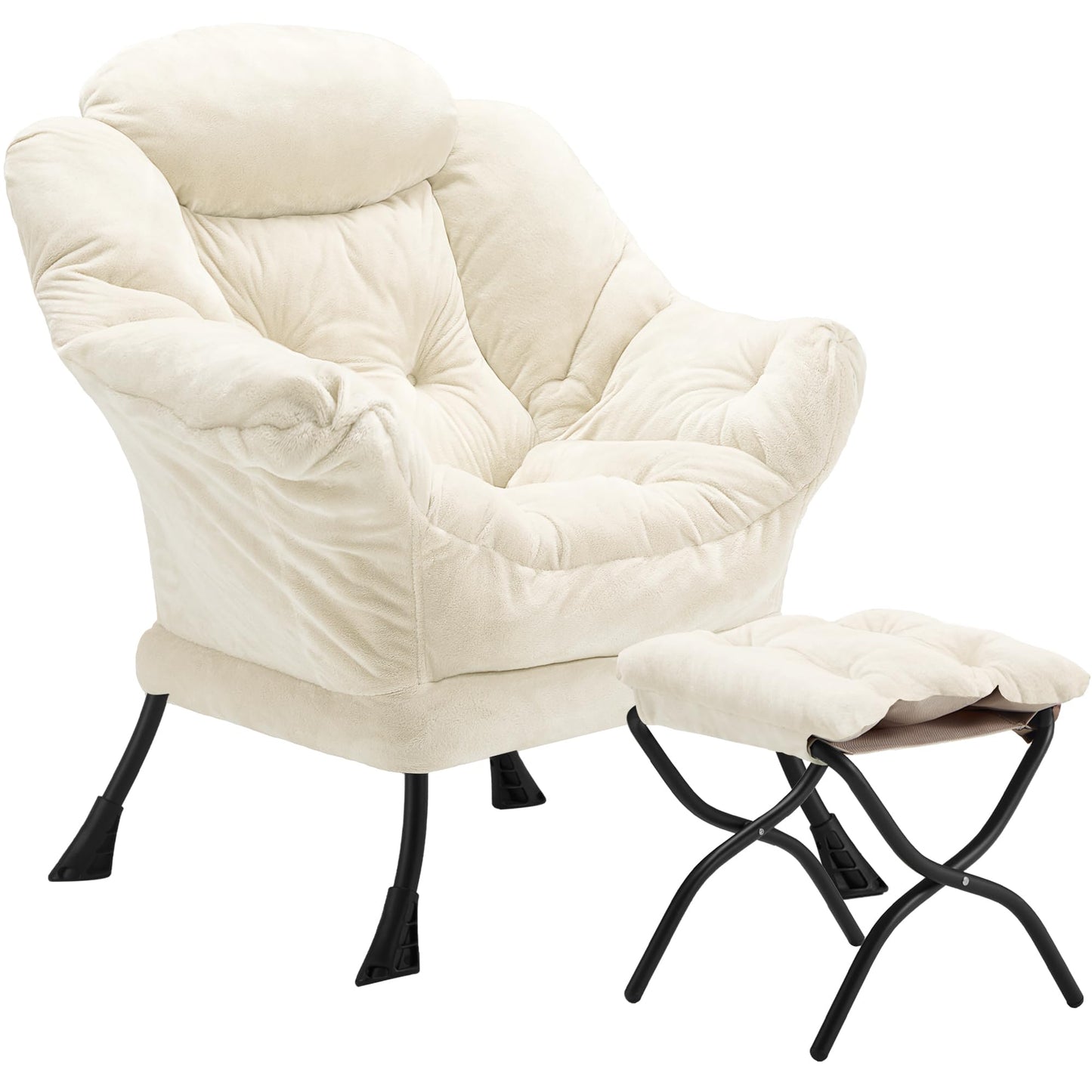 Youtanic Lazy Chair with Folding Ottoman, Accent Chair Plush Upholstered with Metal Structure and Non-Slip Pads, Sofa Armchair with Footrest and Side Storage Bag for Dorm, Room, Office, Beige