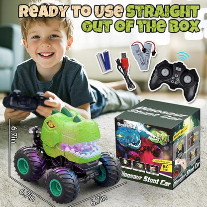 Remote Control Car for Boys Age 4-7 8-12 50min+ Runtime Dinosaur Monster Truck Toy with Spray Light Music Stunts Birthday Gift for Boy 3 4 5 6 7 8 9 10 Year Old