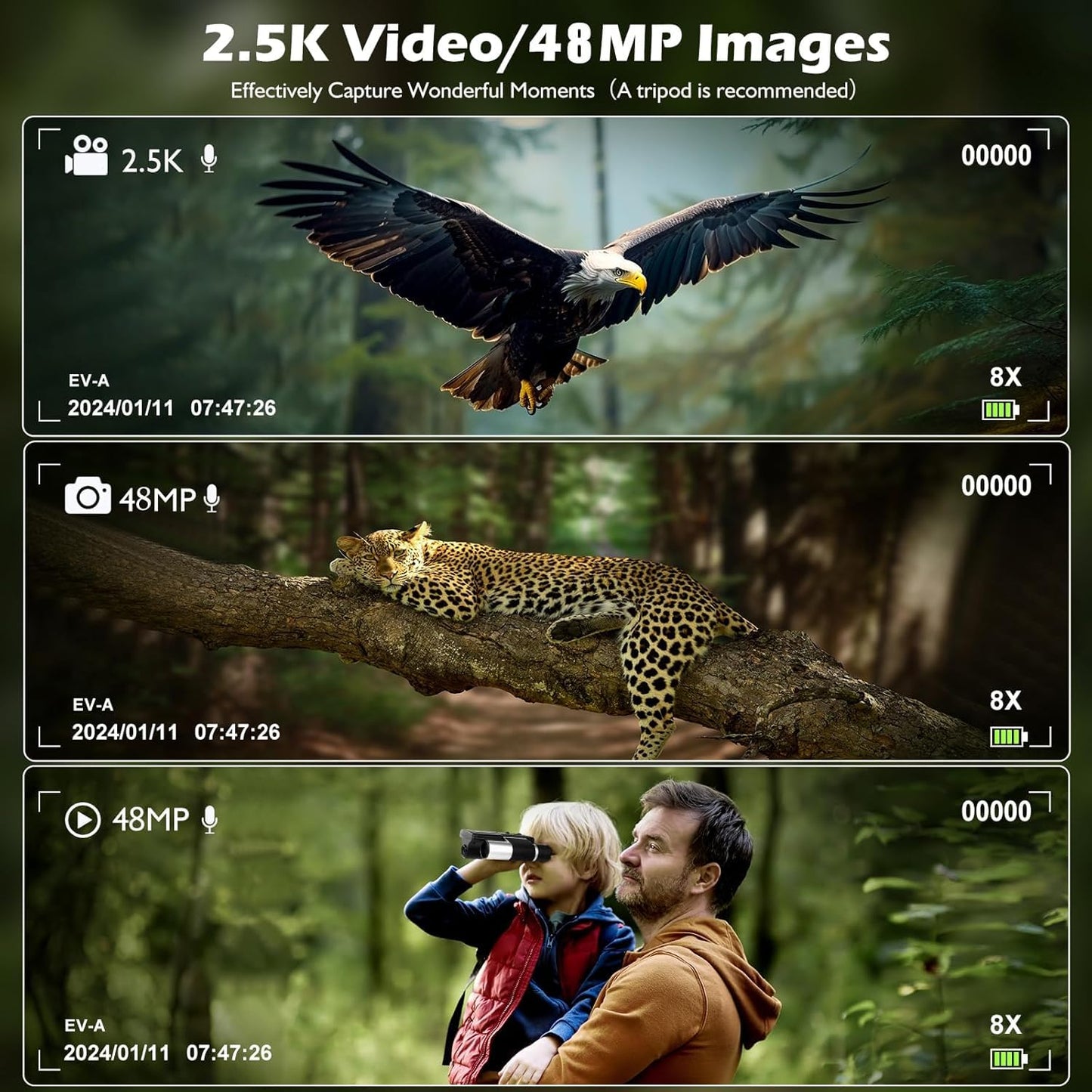 2-in-1 Digital Camera Binoculars for Adults, 12x32 HD with 2.4" LCD Display, 48MP & 2.5K Video Recording, 8X Digital Zoom for Bird Watching, Concerts, Travel 32GB