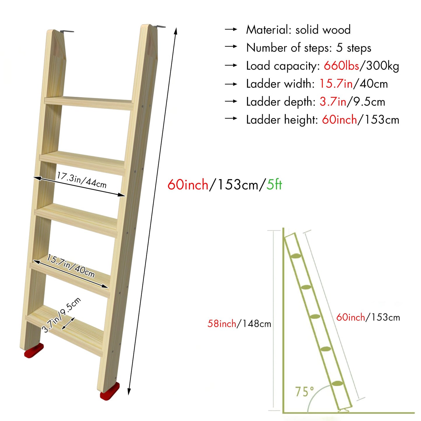 50" 55" 60" Wood Bunk Bed Ladder, Lofted/Dorm/RV Bed Bunkbed Ladders with 4in Extra Wide Steps and Non-Slip Pads, Replacement Wooden Ladder for Motorhome/Camping (Wood Color, 60in /153cm)