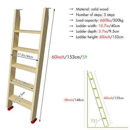 50" 55" 60" Wood Bunk Bed Ladder, Lofted/Dorm/RV Bed Bunkbed Ladders with 4in Extra Wide Steps and Non-Slip Pads, Replacement Wooden Ladder for Motorhome/Camping (Wood Color, 60in /153cm)