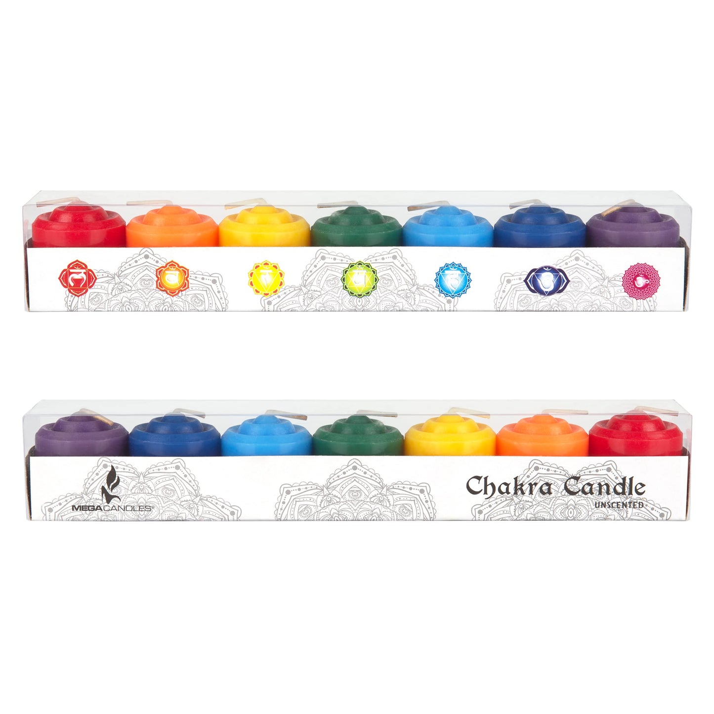 Mega Candles 7 pcs Unscented Chakra Votive Candles, Hand Poured Premium Wax Candle 10 Hours 1.38 Inch x 1.5 Inch, 100% Cotton Wick, Positive Healing Energy, Meditation, Relaxation, Reiki, Yoga
