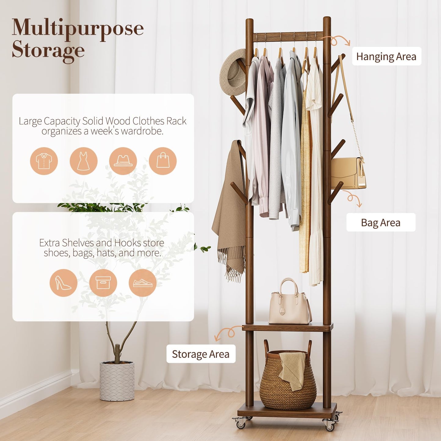 Yoobure Solid Wood Coat Rack Freestanding - Rolling Clothes Rack with 8 Hooks & Shelves, Small Clothing Rack with Wheels, Heavy Duty Clothing Racks for Hanging Clothes, Portable Hall Tree for Entryway