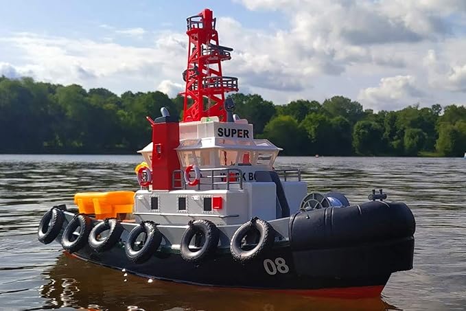 POCO DIVO US Seaport Super Work Boat RC Tugboat 2.4Ghz Radio Control Tug Boat Tow Model 23 Harbor Fire Fighting Ship Rescue Spurt Water Fireboat