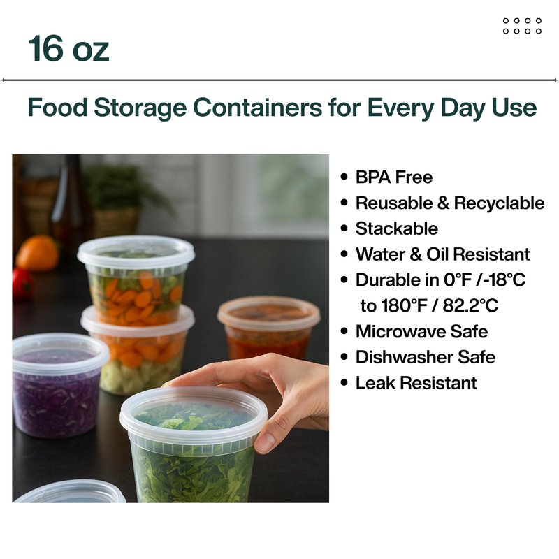 ProTakeOut 16oz [36 set] Heavy Duty Plastic Deli Container | BPA-Free Food Storage with Airtight Leak‑Proof Lids | Microwave, Freezer & Dishwasher Safe – Stackable, Bulk Reusable Soup & Meal Prep Tub