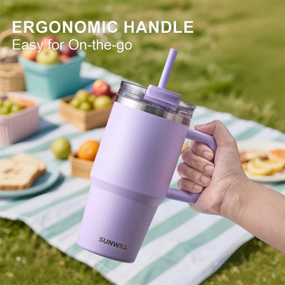 SUNWILL 20 oz Tumbler with Lid, Travel Coffee Mug with Handle and Straw Leak Proof, Stainless Steel Cup Insulated for Office & Gym, Cupholder Friendly, Powder Coated Light Purple