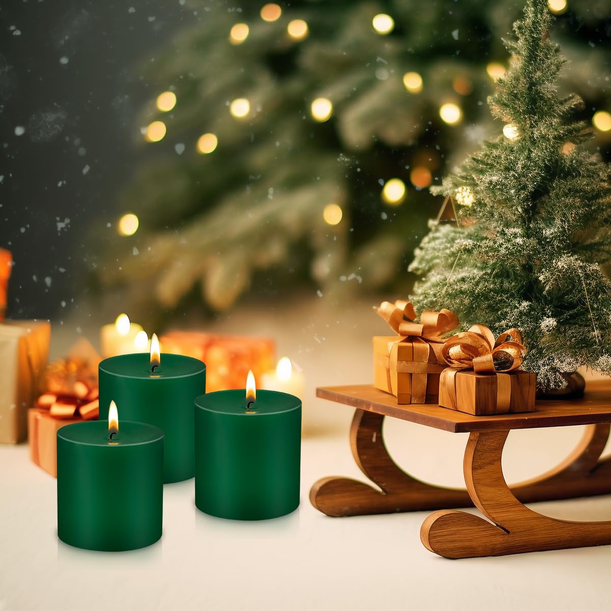 Set of 3 Dark Green Pillar Candles 3" x 3" Unscented for Weddings Christmas Home Holidays Relaxation St Patrick's Day Church