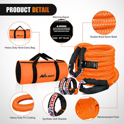 Nilight Kinetic Recovery Tow Rope Kit with 2 Soft Shackle 1" x 30ft Heavy Duty Offroad Tow Rope Snatch Strap Towing Strap kit (33,000LBS) for UTV ATV SUV Truck Car Jeep Tractor