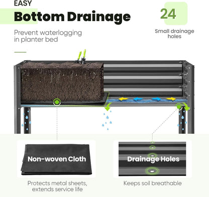 KING BIRD Raised Garden Bed with Irrigation System and Legs Galvanized Elevated Planter Box for Backyard, Patio, Balcony, 600lb Capacity, Dark Grey, 70.9x22.8x31.5 in