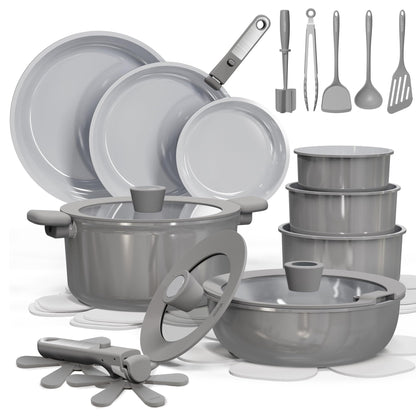 CAROTE 27pcs Ceramic Cookware Set Nonstick, Pots and Pans Set Non Stick, Non Toxic Cookware Detachable Handles, Dishwasher/Oven Safe, RV/Camping Cookware with Kitchen Utensils, Gray