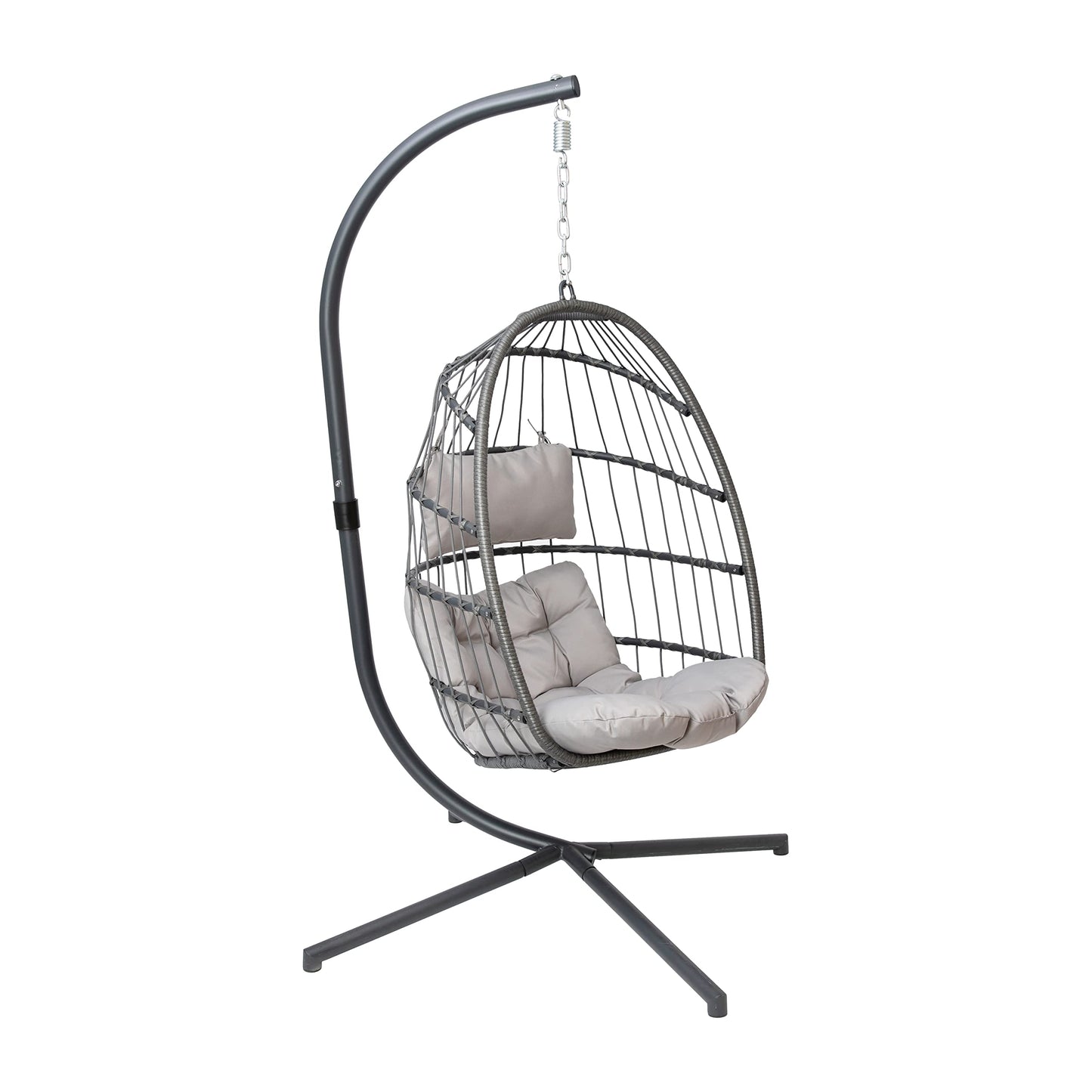 Flash Furniture Cleo Indoor/Outdoor Patio Hanging Egg Chair - Gray Frame with Gray Seat Cushions - Black Powder Coated C-Style Stand - Hanging Hardware Included