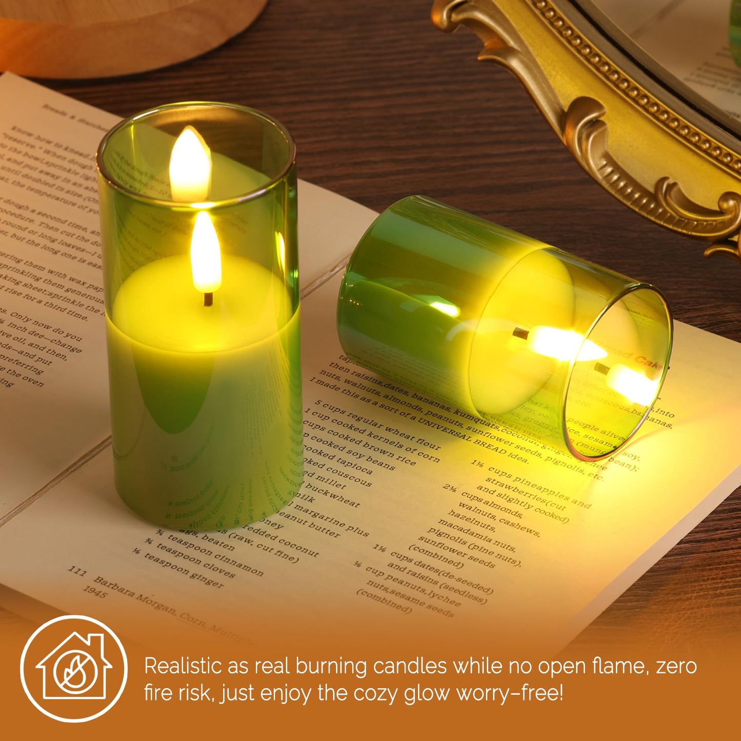 Girimax Green Glass Flameless Pillar Candles with Remote Batteries, Flickering Slim Tall LED Wax Candles Set of 5