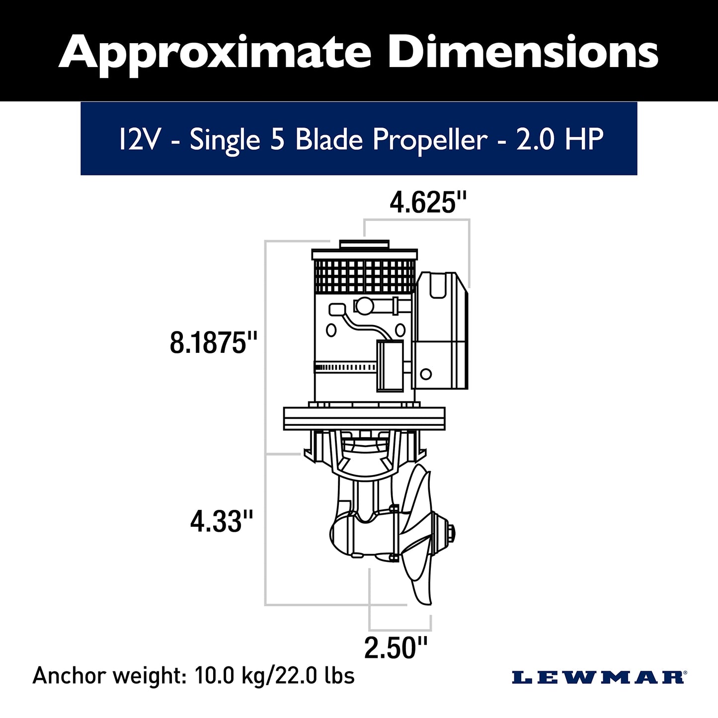 Lewmar 110TT Boat Thruster Kit 1.5 W, Single 5-Blade Propeller, 1.5kW 2.0 HP 12-Volt Motor with Joystick Control, 7-Meter Cable, Thrust Tunnel, Fuse and Holder