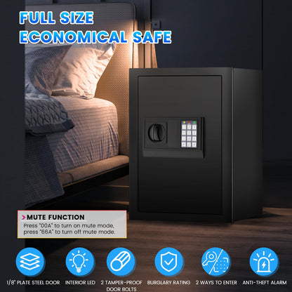 Large Home Safe 3.3 Cuft, Digital Security Safe Box with Smart Alarm System, Wall & Floor Mount Anti-Theft Safe, Removable Shelf & Mute Mode, Safe for Documents, Jewelry, Cash & Valuables