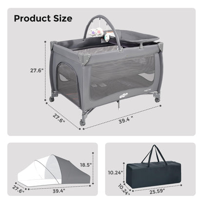 Pamo Babe 7 in 1 Pack and Play with Bassinet, Portable Crib with Mattress, Diaper Changer, Magic Fold™ One-Step Quick Setup Playard, Mosquito Net, Zipper Door, Toy Arch for Newborn to Toddler
