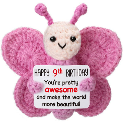Weming Pink Crochet Butterfly 9th Birthday Gift, Handmade 4" Amigurumi Plush with “Happy 9th Birthday” Sign, Cute Small Stuffed Butterfly for Girls Daughter Granddaughter Tween Desk Decor