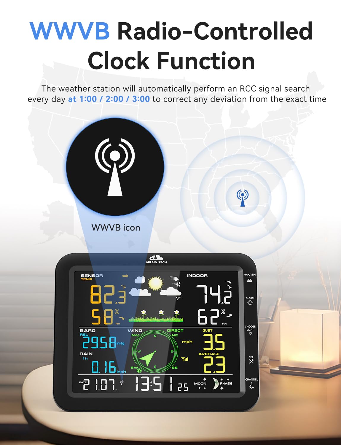 AIRAIN TECH 10-in-1 Wireless Weather Station with Dual Display, Outdoor Sensor, Rain Gauge, Wind Speed,Atomic Clock, Indoor Temp/Humidity, Barometric Pressure,etc (No WiFi)