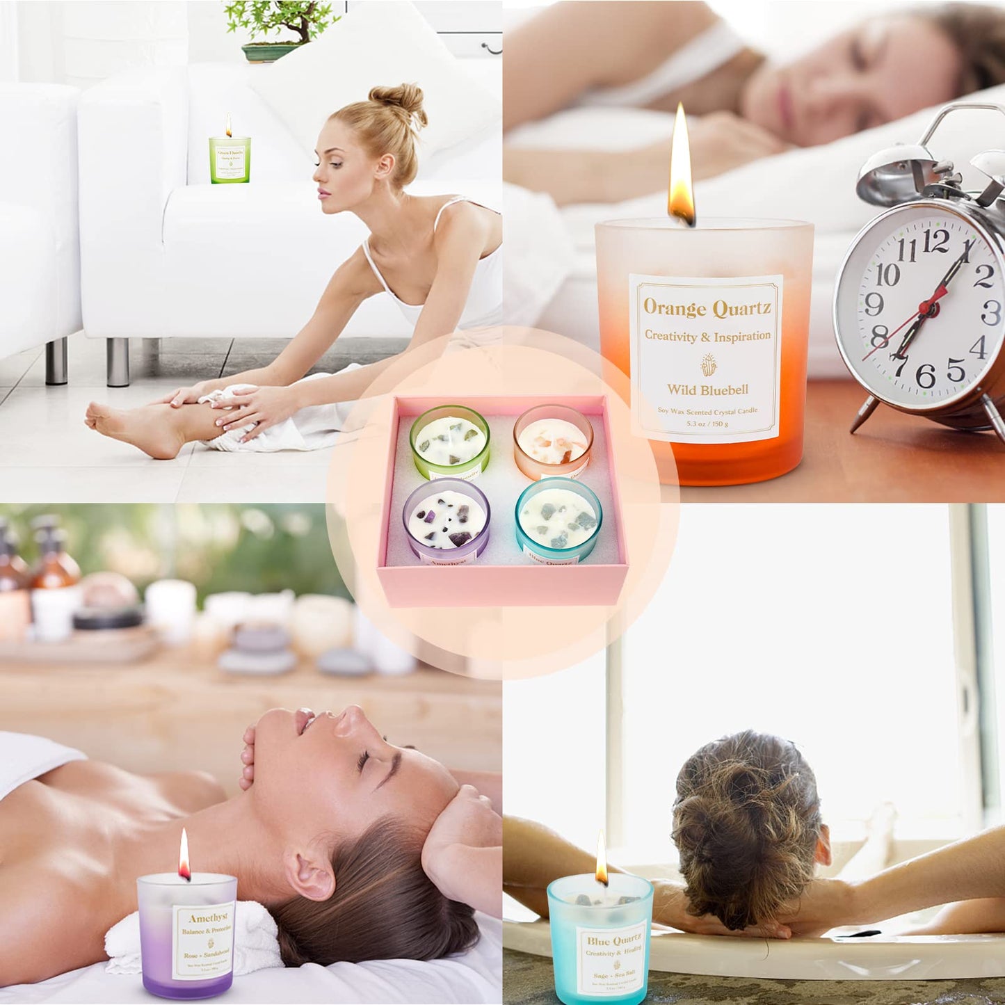 Scented Candles with Healing Crystals, Set of 4 Soy Candle with Crystals Healing Stones, Aromatherapy Candle Teacher's Day Gifts for Women, Rose Sage Amethyst Wax Bathroom Candles for Mother's Day