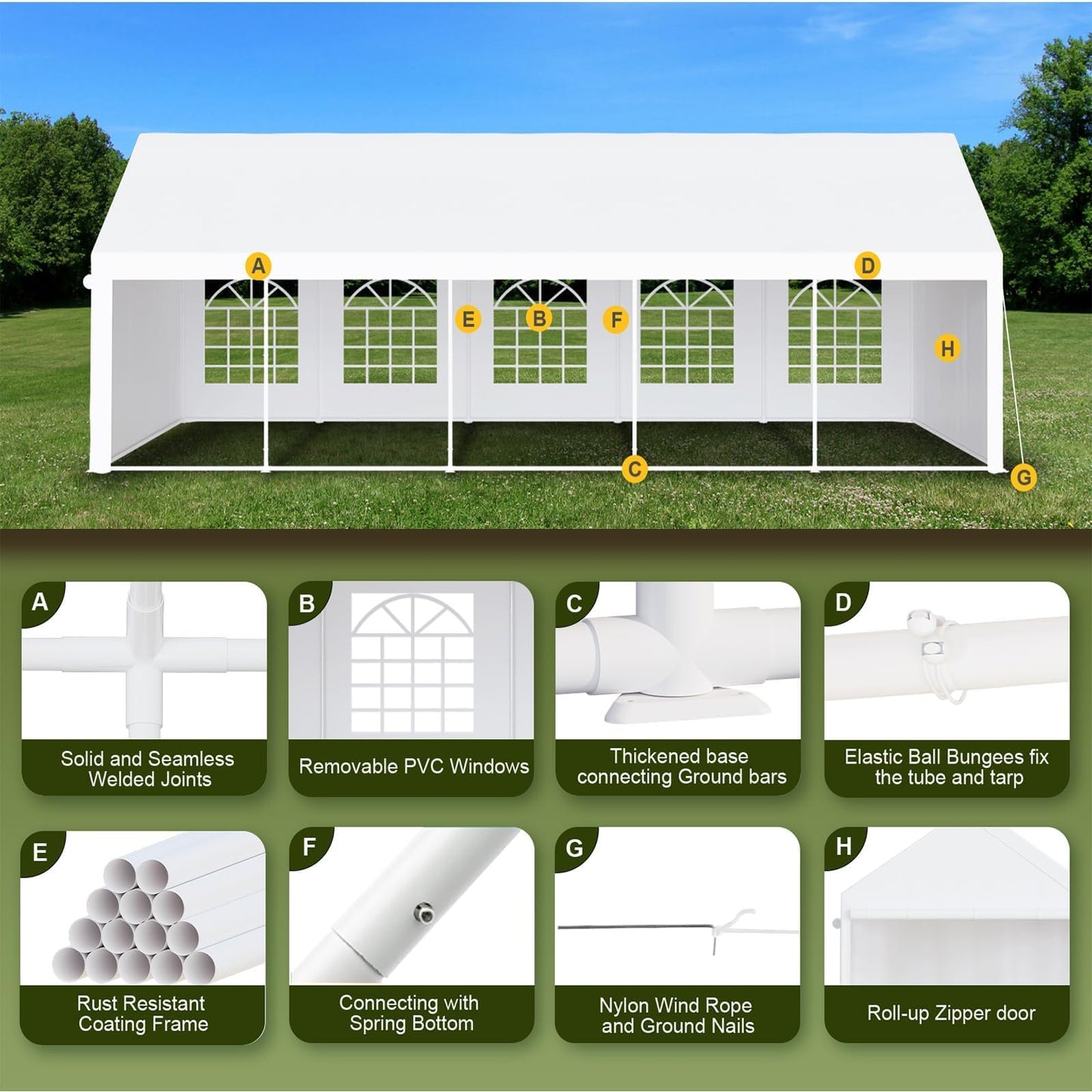 GarveeLife 16x32 ft Outdoor Party Tent Canopy for Weddings & Events - Pavilion with Removable Sidewalls, Waterproof Fabric, Easy Setup, and 3 Storage Bags, White.