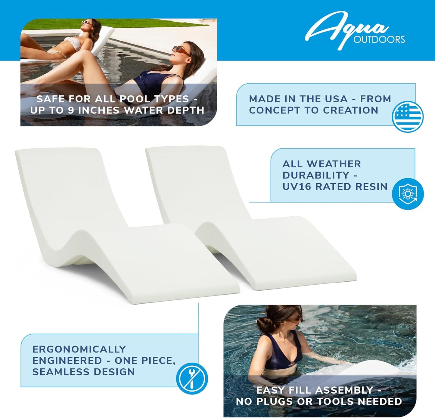 Aqua Outdoors Pool Chaise Lounge Chairs - Water-Weighted Lounger for Ledge & Shelf, Set of 2 in Classic White