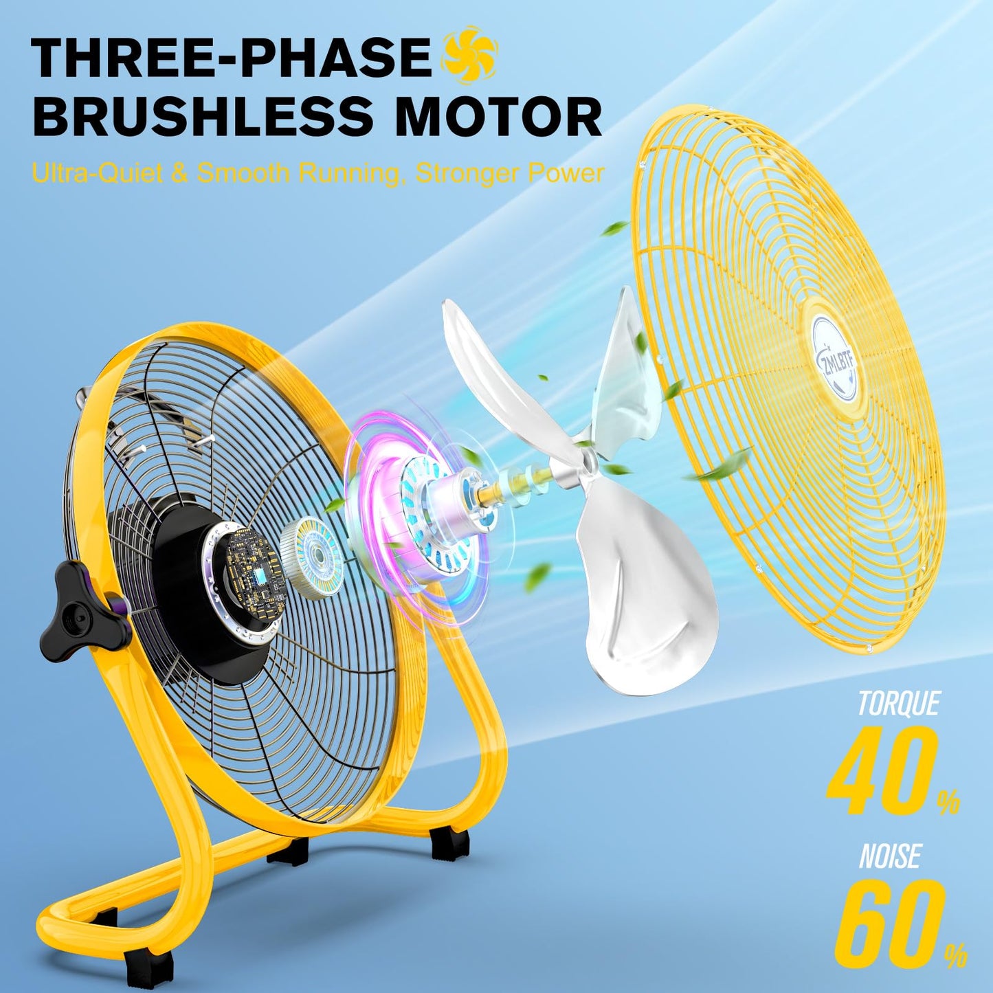 ZMLBTF 16" Solar Powered Fan with 20W Solar Panel & Rechargeable Battery, Portable, Quiet 12 Speed, 360° Tilt Head for Outside, Camping, Travel, Greenhouse, Chicken Coop, Patio, gazebo (Yellow)