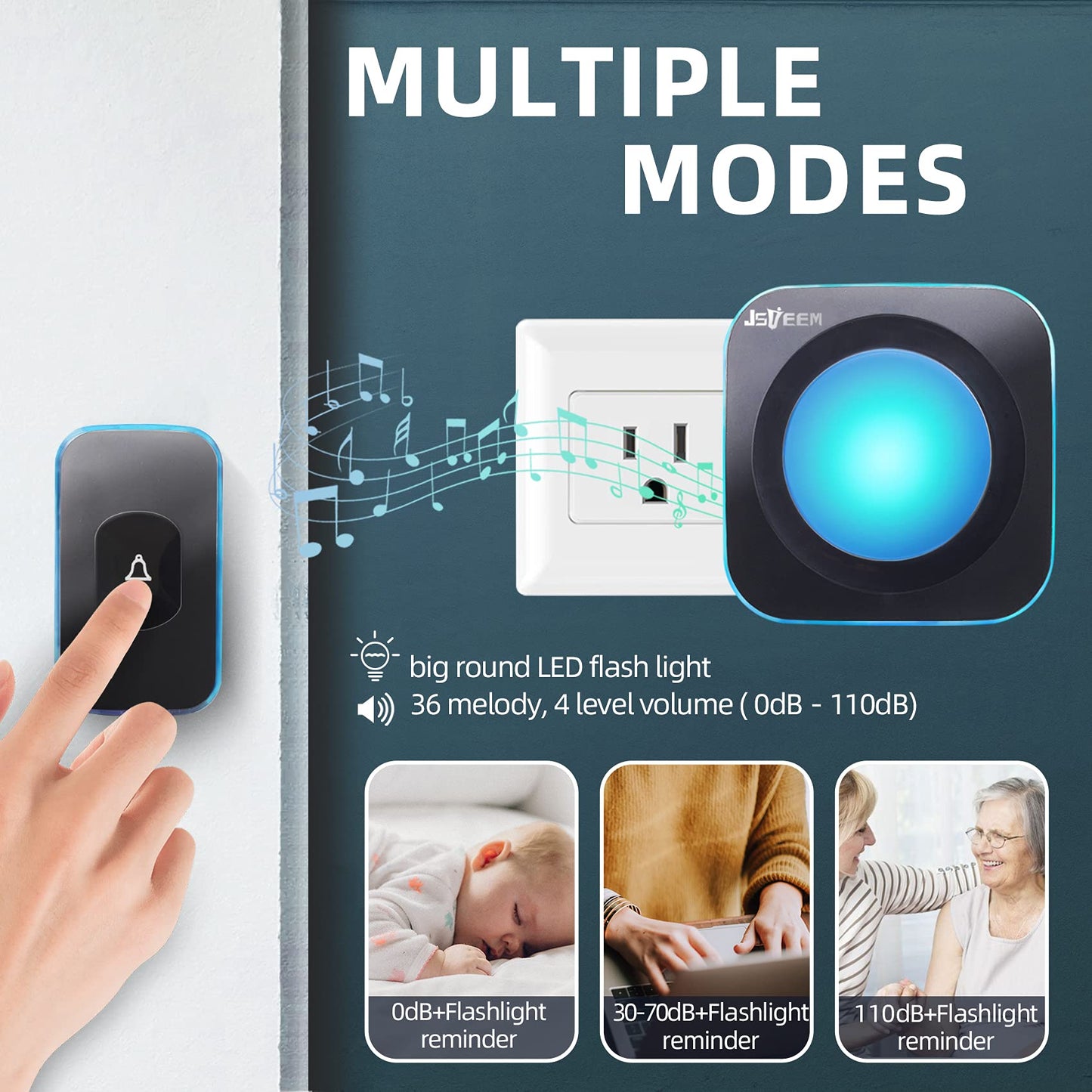 Wireless Doorbell 1200Ft Door Bells for Home with Flashing Light Hearing Impaired Door bell 1 Battery Button & 3 Plug in Receivers for Home Classroom Room Office