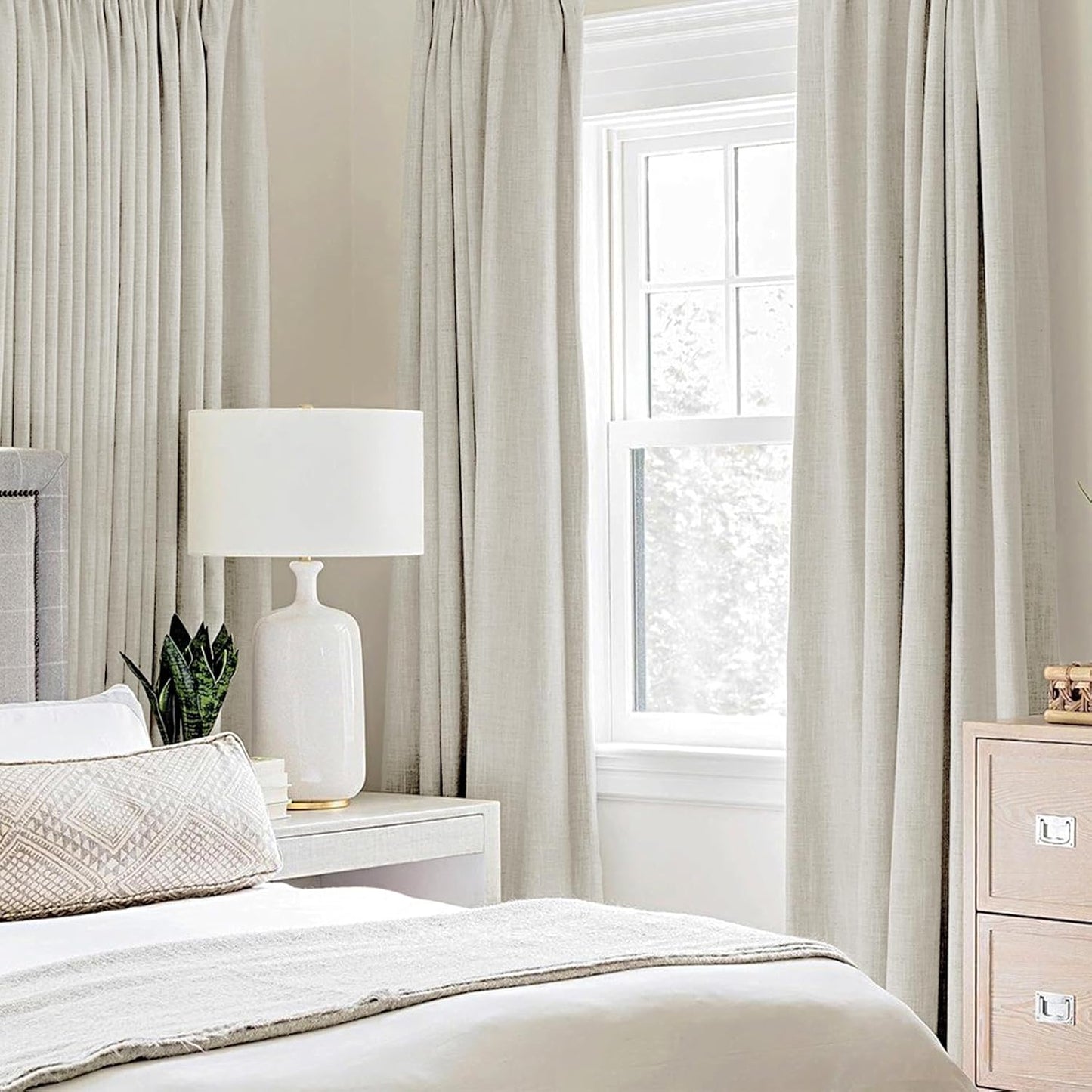 MIULEE Linen Texture Curtains - 100% Blackout Thermal Insulated Drapes | Light Cream | 52x63 Inch (2 Panels)